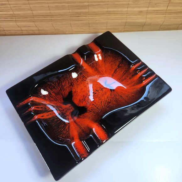 Evangeline Ceramic Ashtray Mid Century Modern Vintage Large Canada Black Orange - Picture 13 of 14